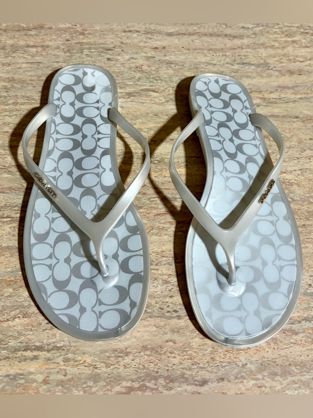 Coach Lyra Gray and Silver Signature Jelly Flip Flops